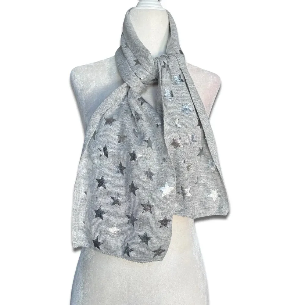 Gray Star Print Knit Scarf Soft Lightweight Neutral Silver Metallic Warm Winter